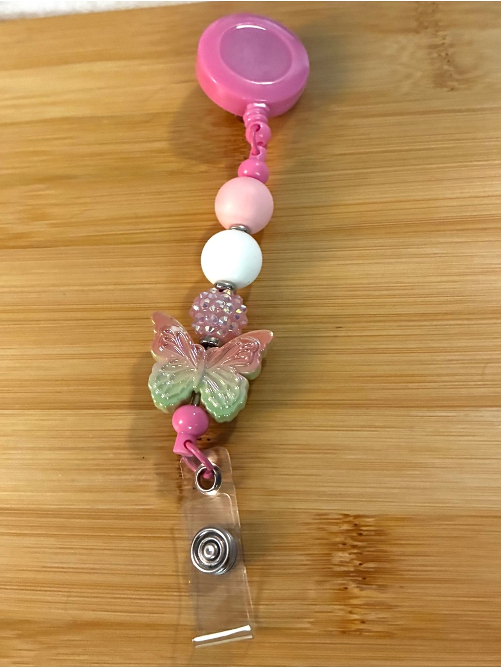 Pink & White Butterfly Beaded Badge Reel
